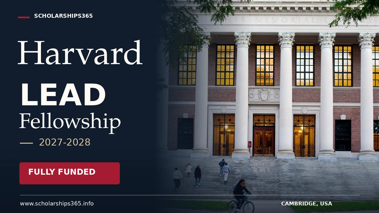 Harvard LEAD Fellowship 2027-2028 in USA - Fully Funded, featuring Harvard campus photography with navy and crimson typography.