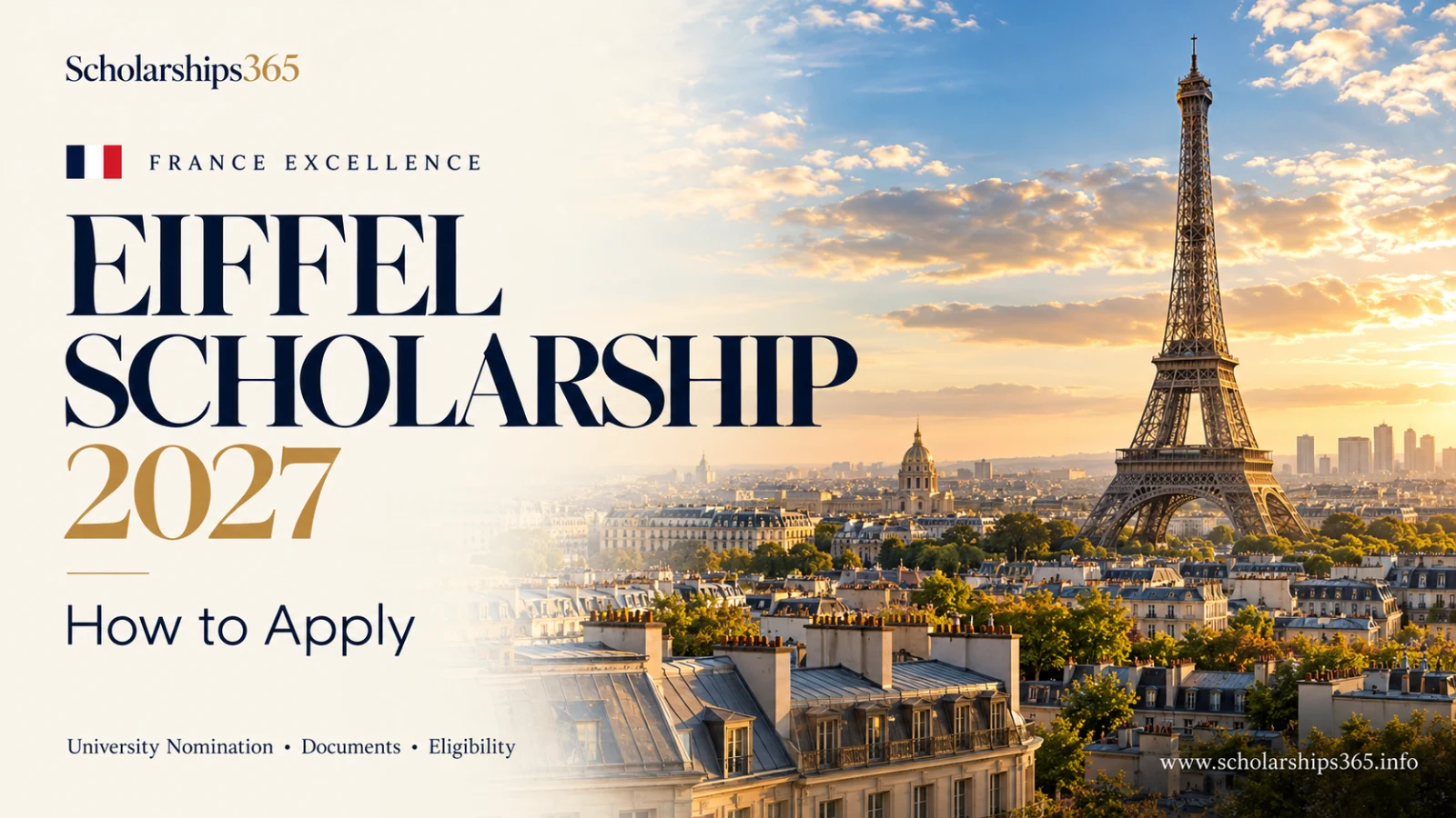 Eiffel Scholarship 2027 application guide with the Eiffel Tower and Paris skyline in a navy, ivory and gold design