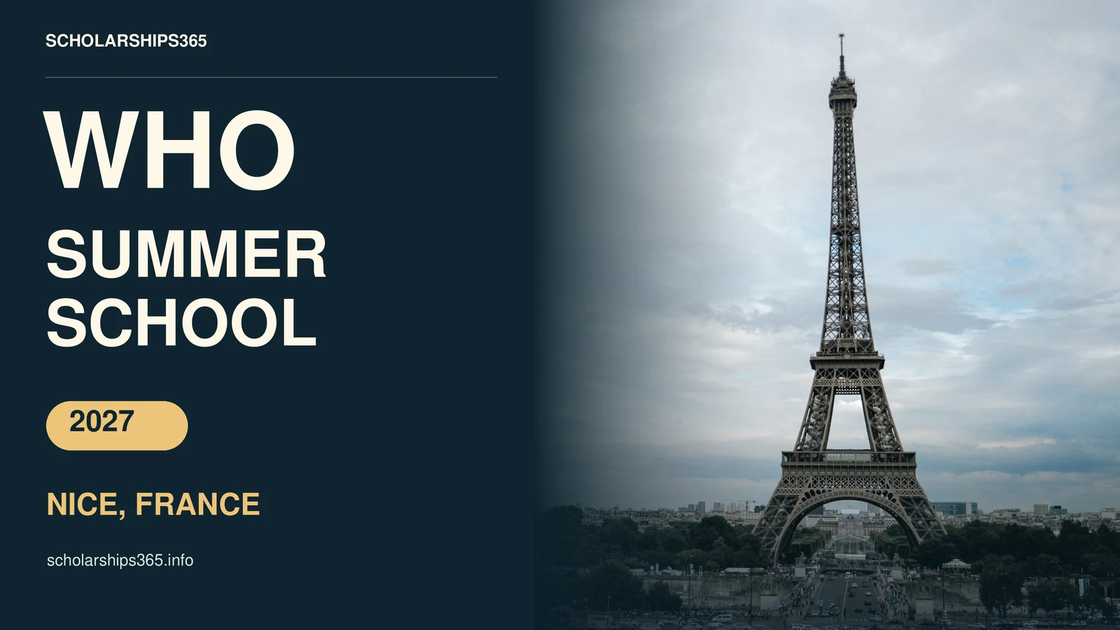 WHO Summer School 2027 in Nice, France, with navy-and-gold typography and an Eiffel Tower photograph representing France.