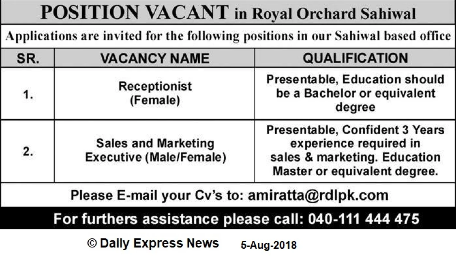 Sales and Marketing Executive Jobs in Royal Orchard